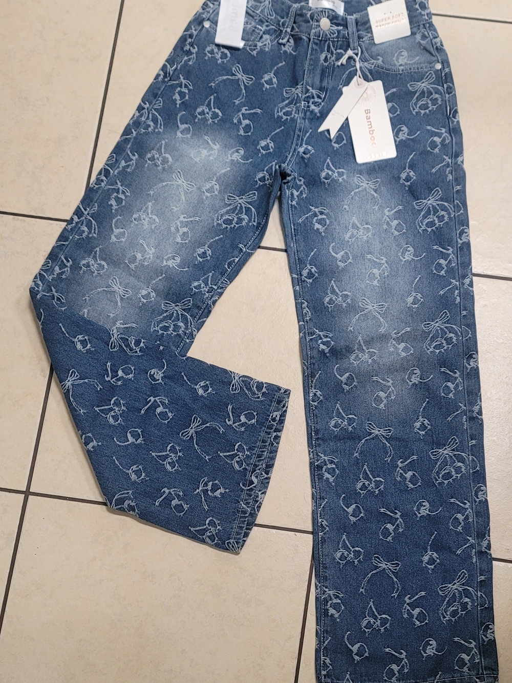 BAMBOO Blue Floral Print Wide Leg Jeans